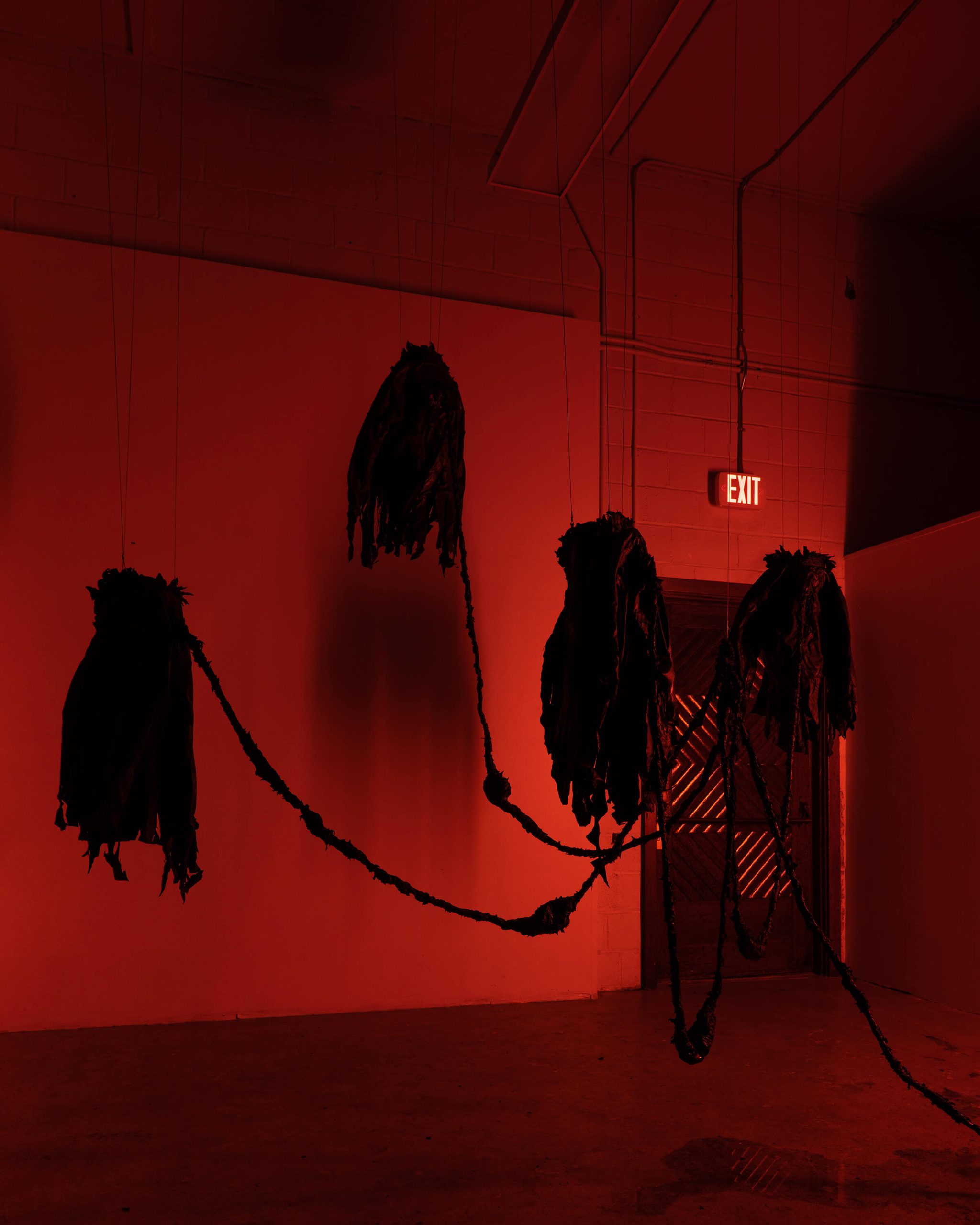 Organic, irregular black sculptures shaped like bunches of rope hand in a dim room lit with red light.
